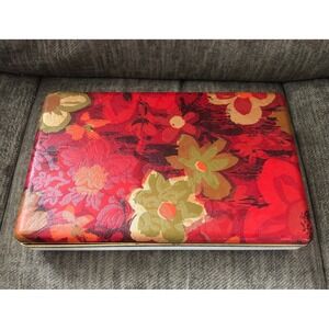 Vtg Mele Jewelry Box Red Gold Floral Vinyl Exterior Red Velvet Interior EUC